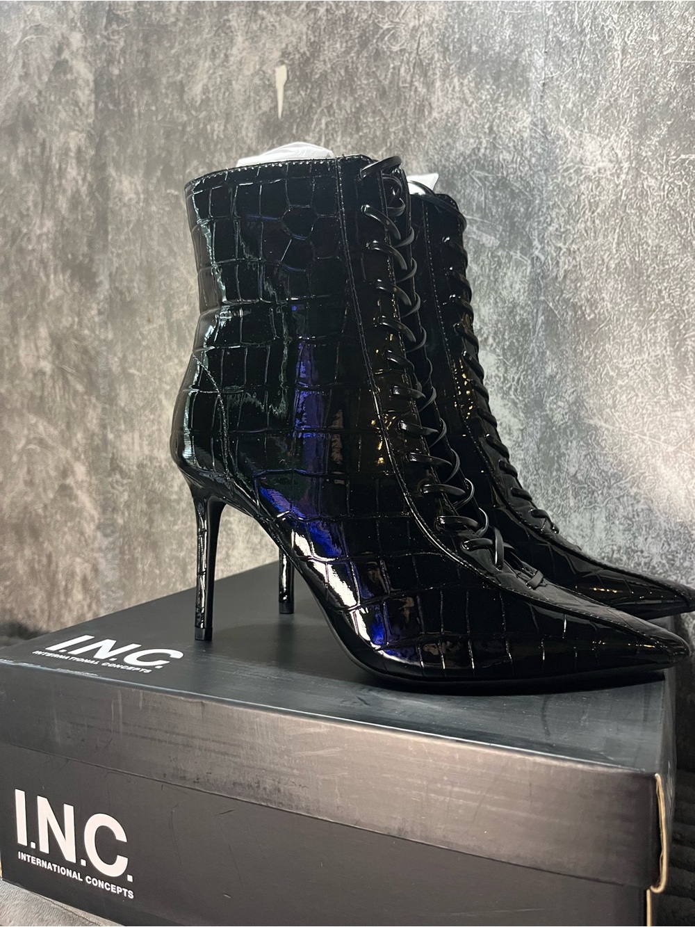 INC International Concepts Black Patent Croc Lace-Up Stiletto Ankle Boots